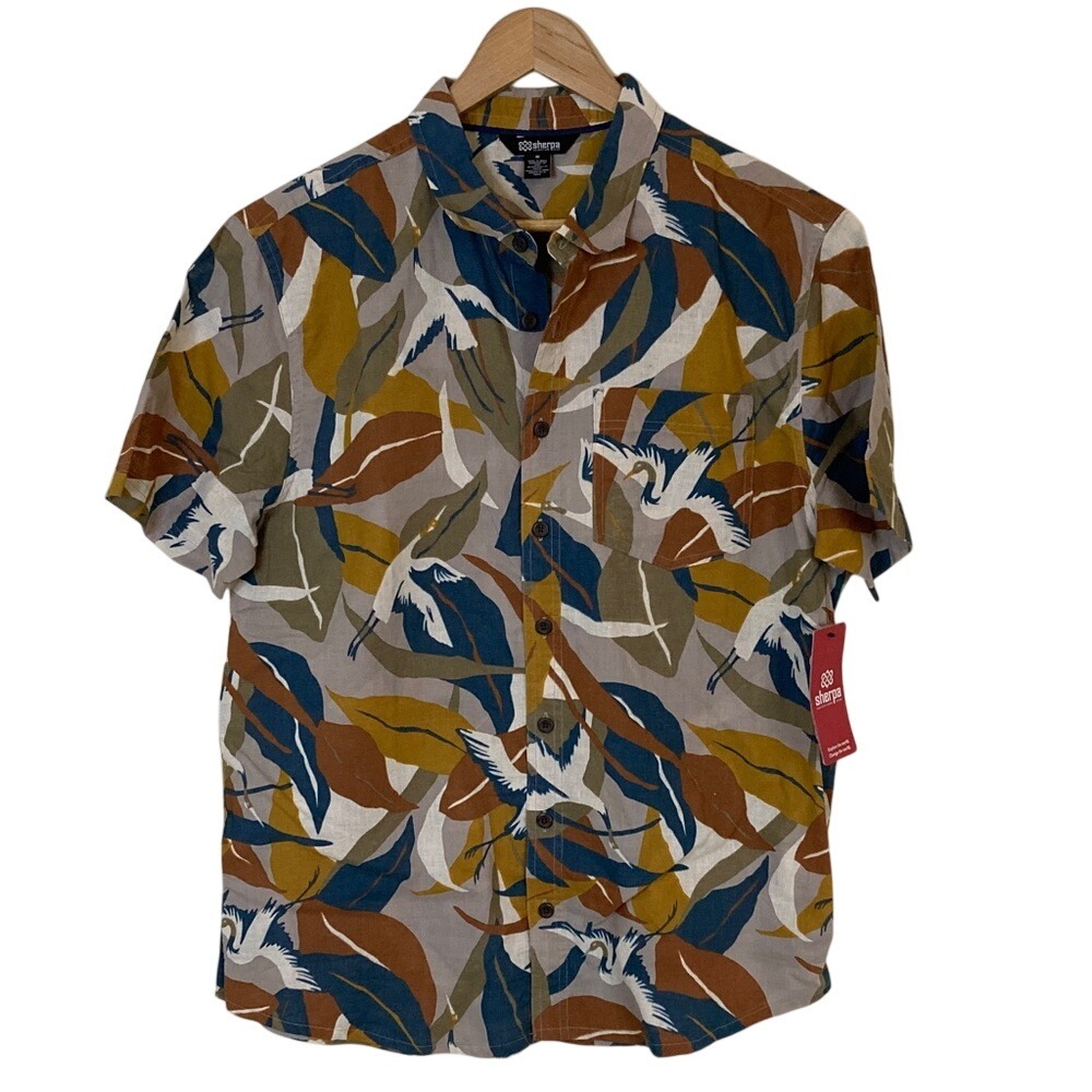 Sherpa‎ Adventure Wear Men Kongde Short Sleeve Camp Shirt Size M Multi Crane NWT